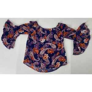 Whimsigoth Bell Sleeve Shirt Blouse Floral Rayon Blue Purple Small